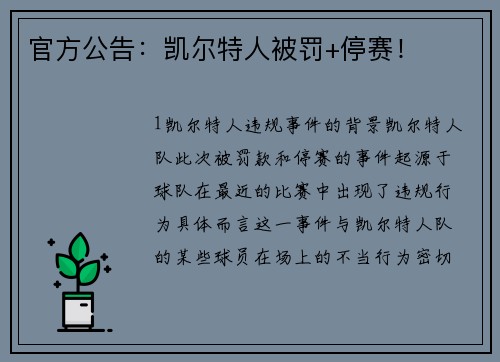 官方公告：凯尔特人被罚+停赛！
